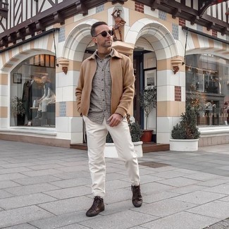 Dark Brown Leather High Top Sneakers Outfits For Men: Combining a tan wool harrington jacket with white chinos is a great choice for a relaxed casual yet seriously stylish getup. Go off the beaten path and switch up your outfit by rounding off with dark brown leather high top sneakers.