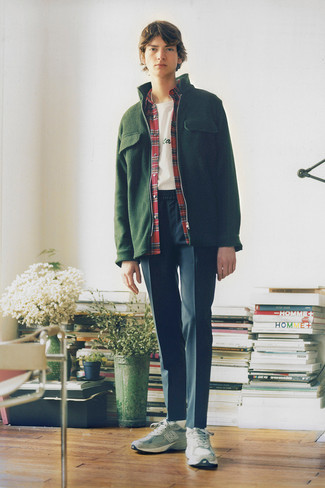 Olive Harrington Jacket Outfits: Pair an olive harrington jacket with navy chinos to show off your styling smarts. For times when this look looks all-too-perfect, dress it down by sporting a pair of grey athletic shoes.