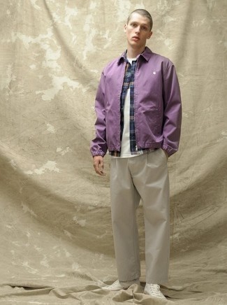 Grey Chinos Outfits: When the situation allows a laid-back ensemble, try teaming a violet harrington jacket with grey chinos. White canvas high top sneakers will give a dose of stylish casualness to an otherwise mostly dressed-up look.