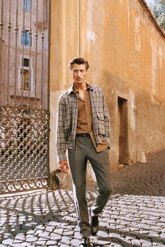Grey Plaid Harrington Jacket Outfits: Pair a grey plaid harrington jacket with grey dress pants for a proper sophisticated look. Exhibit your classy side by finishing off with a pair of dark green leather double monks.