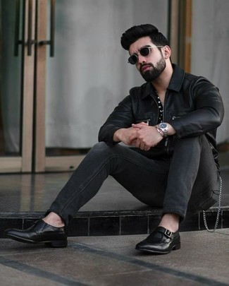 Black Harrington Jacket Outfits: For an outfit that's pared-down but can be modified in a variety of different ways, consider wearing a black harrington jacket and charcoal jeans. If you wish to instantly smarten up your ensemble with shoes, add black leather monks to this ensemble.