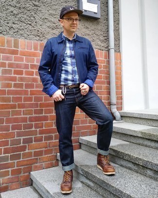 Navy Harrington Jacket Outfits: If you're after a casual and at the same time sharp look, dress in a navy harrington jacket and navy jeans. A pair of brown leather casual boots will put a dressier spin on an otherwise mostly dressed-down ensemble.