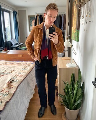 Brown Suede Harrington Jacket Outfits: For comfort dressing with a modernized spin, try teaming a brown suede harrington jacket with black jeans. Black leather chelsea boots will give a different twist to this ensemble.