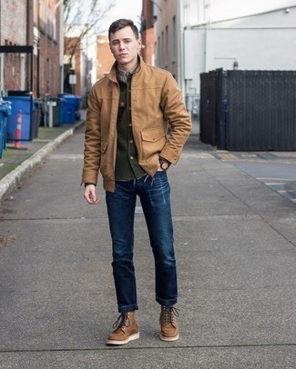 Navy Ripped Jeans Outfits For Men: A tan harrington jacket and navy ripped jeans teamed together are a match made in heaven for those who appreciate off-duty ensembles. And if you need to instantly polish off your ensemble with one single piece, why not complete your outfit with a pair of brown leather casual boots?