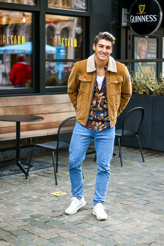 White and Brown Athletic Shoes Outfits For Men: This pairing of a tan corduroy harrington jacket and light blue jeans looks amazing and makes you look infinitely cooler. You can take a more casual approach with footwear and add white and brown athletic shoes to the equation.