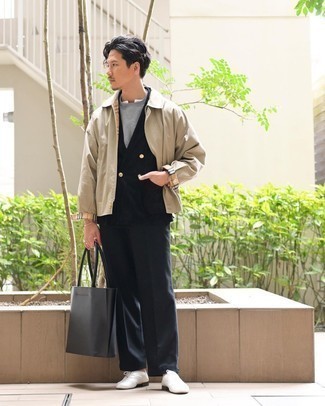 Black Suit Outfits: This pairing of a black suit and a tan harrington jacket will add elegant essence to your look. Take a dressier approach with footwear and add white canvas oxford shoes to your ensemble.