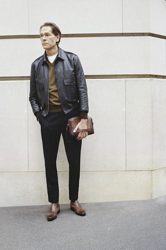 Black Pants with Brown Shoes Chill Weather Outfits For Men: Opt for a black leather harrington jacket and black pants for a kick-ass outfit. Want to play it up when it comes to shoes? Introduce a pair of brown leather chelsea boots to the mix.