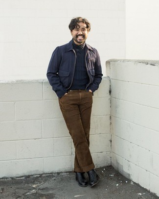 Navy Harrington Jacket Outfits: The go-to for off-duty style? A navy harrington jacket with brown corduroy jeans. Want to dial it up in the shoe department? Introduce black leather chelsea boots to this outfit.