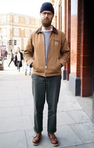 Beige Harrington Jacket Outfits: Look dapper without trying too hard by wearing a beige harrington jacket and dark green chinos. Brown leather casual boots will easily smarten up even the most basic outfit.