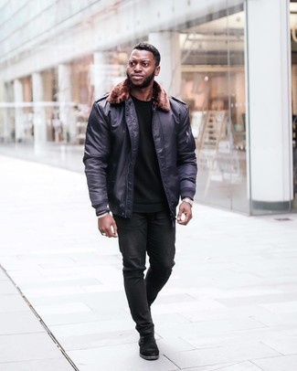 Navy Harrington Jacket Outfits: Why not choose a navy harrington jacket and black jeans? As well as very comfortable, these two items look cool when matched together. To give this outfit a more sophisticated aesthetic, why not add a pair of black suede chelsea boots to the mix?