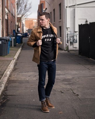 Black Sweatshirt Outfits For Men: Who said you can't make a style statement with a casual look? Turn every head around in a black sweatshirt and navy jeans. To introduce a little zing to this ensemble, complement your look with a pair of brown leather casual boots.