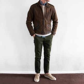 Dark Brown Suede Harrington Jacket Outfits: If you're scouting for a casual but also on-trend look, consider teaming a dark brown suede harrington jacket with olive chinos. For a more casual finish, introduce a pair of beige canvas low top sneakers to your outfit.
