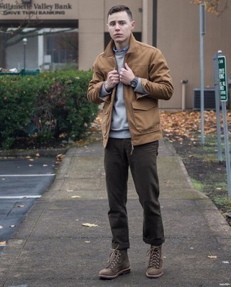 Dark Brown Suede Casual Boots Outfits For Men: If you enjoy functional style, go for a tan harrington jacket and dark brown chinos. A pair of dark brown suede casual boots easily amps up the classy factor of your getup.