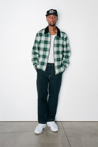 White Plaid Harrington Jacket Outfits: A white plaid harrington jacket and navy chinos are among those game-changing menswear pieces that can revolutionize your wardrobe. Let your outfit coordination sensibilities really shine by finishing off your look with white athletic shoes.