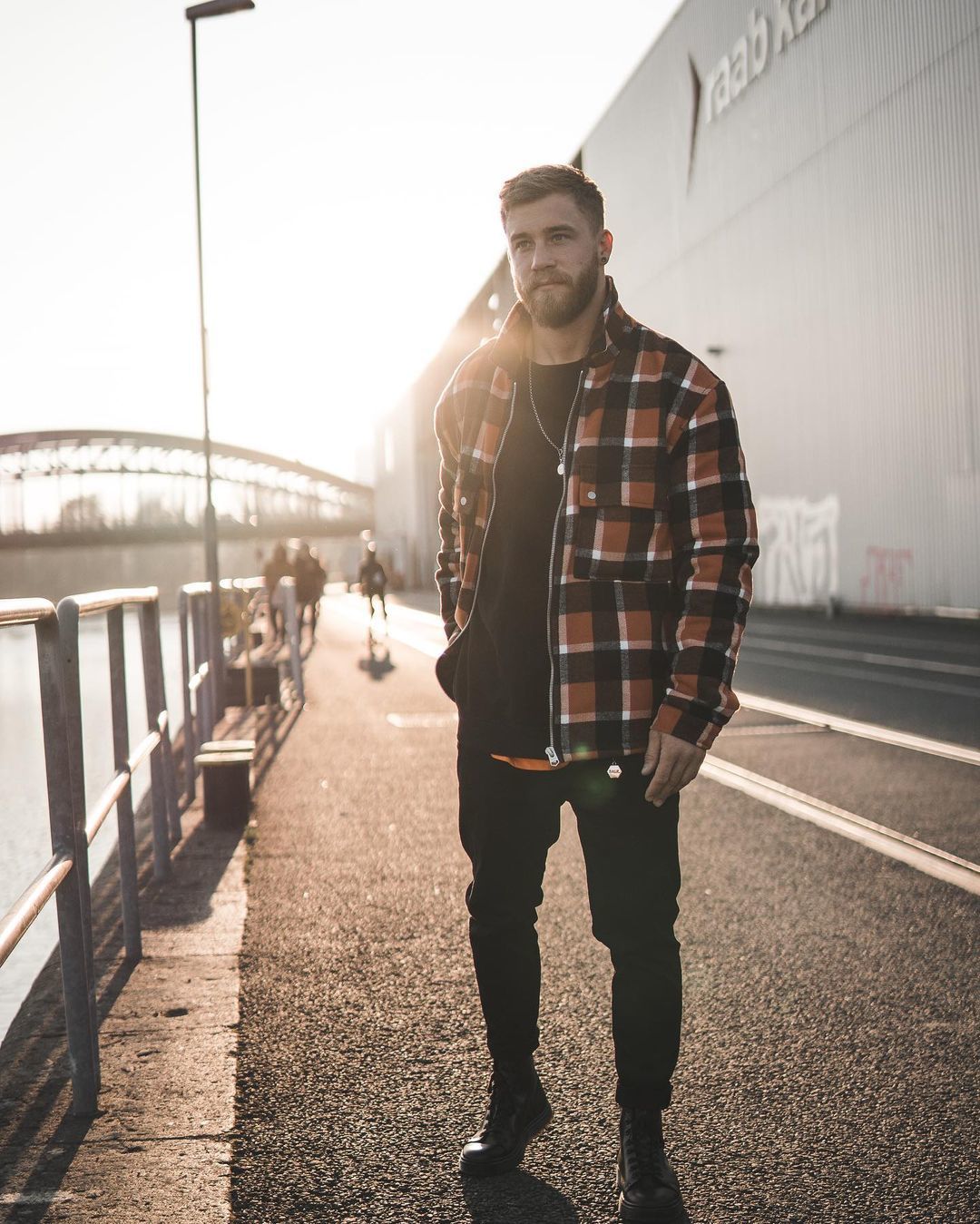 Men's Brown Check Harrington Jacket, Orange Tank, Black Crew-neck T-shirt,  Black Chinos