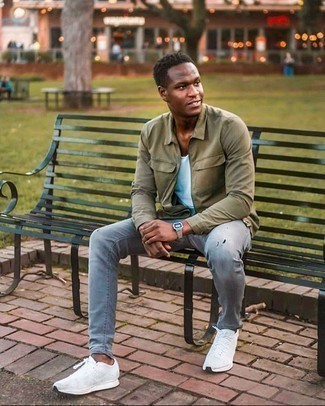 Grey Jeans Outfits For Men: Such staples as an olive harrington jacket and grey jeans are an easy way to inject some cool into your current wardrobe. If you need to effortlessly tone down this getup with shoes, complement this getup with white athletic shoes.