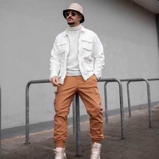 Men's White Harrington Jacket, White Turtleneck, Tobacco Cargo Pants, Tan Canvas High Top Sneakers