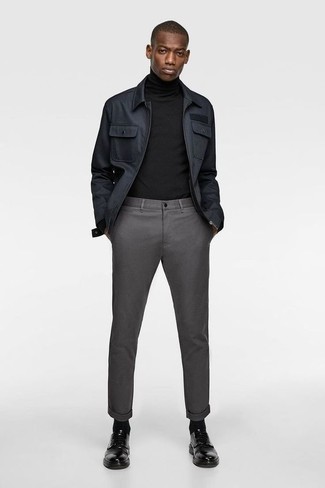 Men's Charcoal Harrington Jacket, Black Turtleneck, Charcoal Chinos, Black Leather Derby Shoes