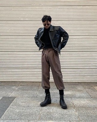 Men's Black Leather Harrington Jacket, Black Turtleneck, Brown Chinos, Black Leather Casual Boots