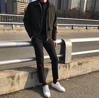 Dark Green Harrington Jacket Outfits: If you gravitate towards relaxed casual getups, why not take this combination of a dark green harrington jacket and black chinos for a spin? Ramp up this whole ensemble by slipping into a pair of white leather low top sneakers.