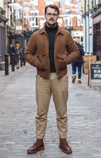Tobacco Leather Casual Boots Chill Weather Outfits For Men: A brown suede harrington jacket and beige chinos? This is an easy-to-achieve look that any man could wear on a day-to-day basis. Finishing off with tobacco leather casual boots is an effortless way to breathe a sense of polish into your look.