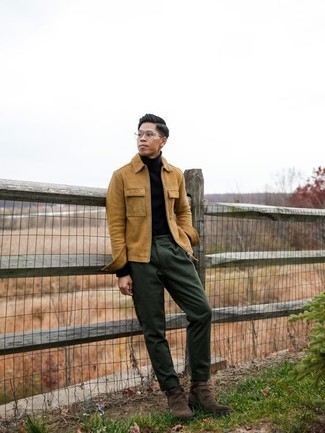 Tan Corduroy Harrington Jacket Outfits: For a casually cool outfit, rock a tan corduroy harrington jacket with dark green chinos — these items fit perfectly well together. Finishing with a pair of dark brown suede chelsea boots is a surefire way to bring an added touch of polish to your outfit.