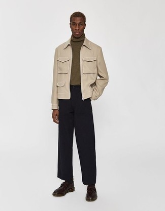 Olive Turtleneck Outfits For Men: The pairing of an olive turtleneck and black chinos makes for a solid off-duty menswear style. Don't know how to finish off this look? Wear dark brown leather monks to ramp it up.