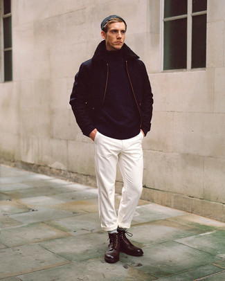 Black Harrington Jacket Outfits: A black harrington jacket and white chinos paired together are a perfect match. For maximum style effect, complete your look with dark brown leather casual boots.
