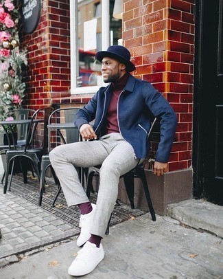 Navy Wool Harrington Jacket Outfits: This casual combination of a navy wool harrington jacket and grey plaid chinos is very easy to pull together in seconds time, helping you look awesome and prepared for anything without spending a ton of time rummaging through your wardrobe. Add white canvas low top sneakers to the mix to tie the whole look together.