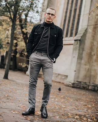 Charcoal Sweater Outfits For Men: Fashionable and functional, this casual combo of a charcoal sweater and grey chinos provides with variety. If you need to immediately up your getup with a pair of shoes, finish with a pair of black leather chelsea boots.