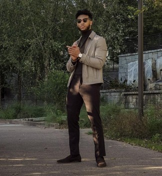 Beige Harrington Jacket Outfits: This combo of a beige harrington jacket and dark brown chinos combines comfort and efficiency and helps keep it clean yet current. Slip into dark brown suede loafers for an extra dose of style.