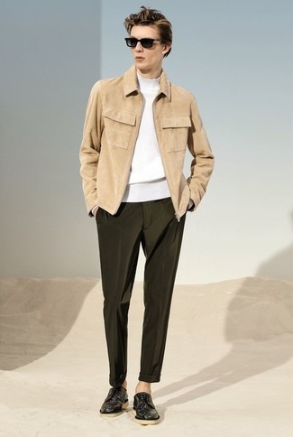 Beige Harrington Jacket Outfits: This combo of a beige harrington jacket and dark green chinos is on the off-duty side but is also sharp and incredibly stylish. You could follow a more classic route when it comes to footwear by wearing black leather derby shoes.