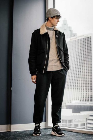 Black Harrington Jacket Outfits: Putting together a black harrington jacket with black chinos is a good idea for a laid-back but sharp getup. Send this getup down a whole other path by wearing a pair of black and white athletic shoes.