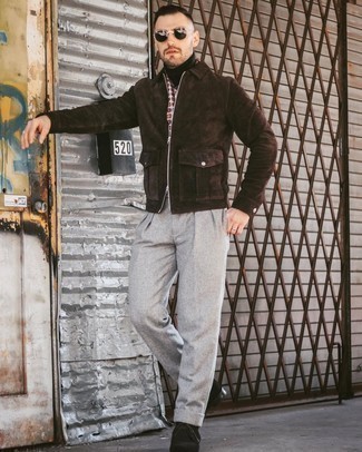 White Scarf Outfits For Men: A dark brown suede harrington jacket and a white scarf are a savvy combination to keep in your daily styling arsenal. Why not take a dressier approach with shoes and introduce black suede desert boots to the equation?