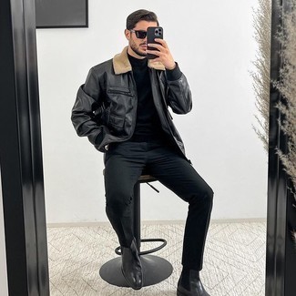 Black Chinos Outfits: Why not rock a black leather harrington jacket with black chinos? Both of these items are super comfortable and will look awesome married together. For something more on the classier side to finish off this ensemble, complement this look with a pair of black leather chelsea boots.