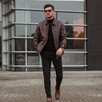 Men's Dark Brown Leather Harrington Jacket, Black Turtleneck, Black Chinos, Dark Brown Leather Chelsea Boots