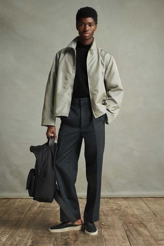 Grey Harrington Jacket Outfits: Pairing a grey harrington jacket and charcoal dress pants is a fail-safe way to breathe masculine refinement into your styling arsenal. Black leather loafers are a welcome complement for this getup.