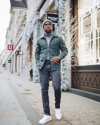 Olive Harrington Jacket Outfits: When it comes to high-octane polished style, this combo of an olive harrington jacket and charcoal dress pants never disappoints. A pair of white and red canvas low top sneakers effortlessly ramps up the street cred of this getup.