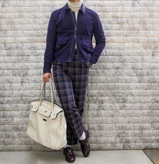 Navy Plaid Dress Pants Outfits For Men: Combining a navy suede harrington jacket and navy plaid dress pants is a guaranteed way to infuse your wardrobe with some laid-back sophistication. Go off the beaten track and jazz up your look with burgundy leather monks.