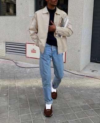 Loafers Outfits For Men: This combo of a beige harrington jacket and light blue jeans is super easy to put together and so comfortable to rock a version of throughout the day as well! Here's how to dress it up: loafers.