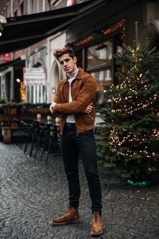 Black Jeans Outfits For Men: This off-duty pairing of a brown suede harrington jacket and black jeans is a fail-safe option when you need to look nice in a flash. Our favorite of an infinite number of ways to finish this look is brown suede chelsea boots.