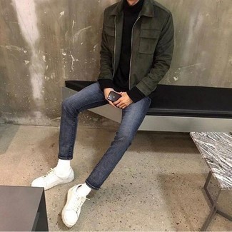 Dark Green Harrington Jacket Outfits: For a relaxed casual ensemble, team a dark green harrington jacket with blue jeans — these pieces fit really good together. A pair of white leather low top sneakers finishes off this outfit quite well.