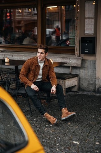 Tobacco Suede Chelsea Boots Outfits For Men: Look stylish yet practical in a tobacco harrington jacket and black jeans. Our favorite of an infinite number of ways to round off this outfit is with a pair of tobacco suede chelsea boots.
