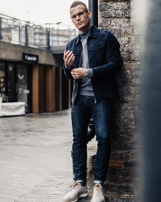 Tan Suede Derby Shoes Outfits: Reach for a navy suede harrington jacket and navy jeans to achieve a really dapper and modern-looking casual ensemble. Tan suede derby shoes will bring an elegant aesthetic to the outfit.