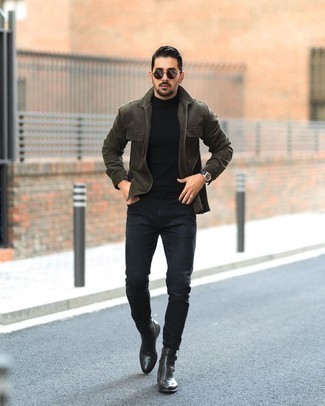 Olive Harrington Jacket Outfits: To create a laid-back look with a clear fashion twist, you can easily go for an olive harrington jacket and navy jeans. Add a pair of black leather chelsea boots to the mix to immediately amp up the fashion factor of any look.