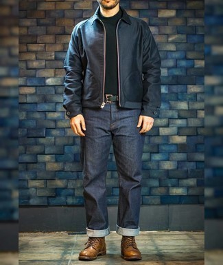 Black Harrington Jacket Outfits: A black harrington jacket and navy jeans have cemented themselves as bona fide menswear essentials. Complement this outfit with a pair of brown leather casual boots to make the getup a bit sleeker.