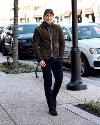 Charcoal Baseball Cap Outfits For Men: A dark brown suede harrington jacket and a charcoal baseball cap are an urban pairing that every modern guy should have in his casual styling repertoire. You could perhaps get a little creative on the shoe front and lift up this outfit by rounding off with a pair of black suede desert boots.