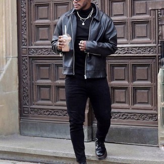 Black Harrington Jacket Outfits: Stand out among other dudes by wearing a black harrington jacket and navy skinny jeans. Want to break out of the mold? Then why not complement this outfit with a pair of black leather casual boots?