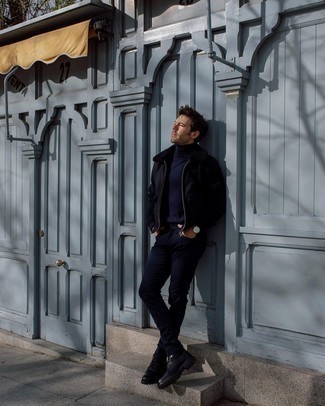 Black Leather Casual Boots Outfits For Men: For a foolproof laid-back option, you can't go wrong with this combination of a black harrington jacket and black skinny jeans. Feeling inventive? Jazz things up by rocking black leather casual boots.