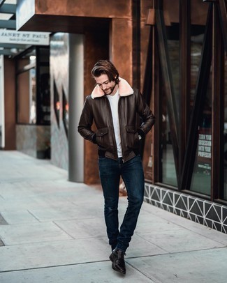 Men's Dark Brown Leather Harrington Jacket, White V-neck T-shirt, Navy Jeans, Dark Brown Leather Casual Boots